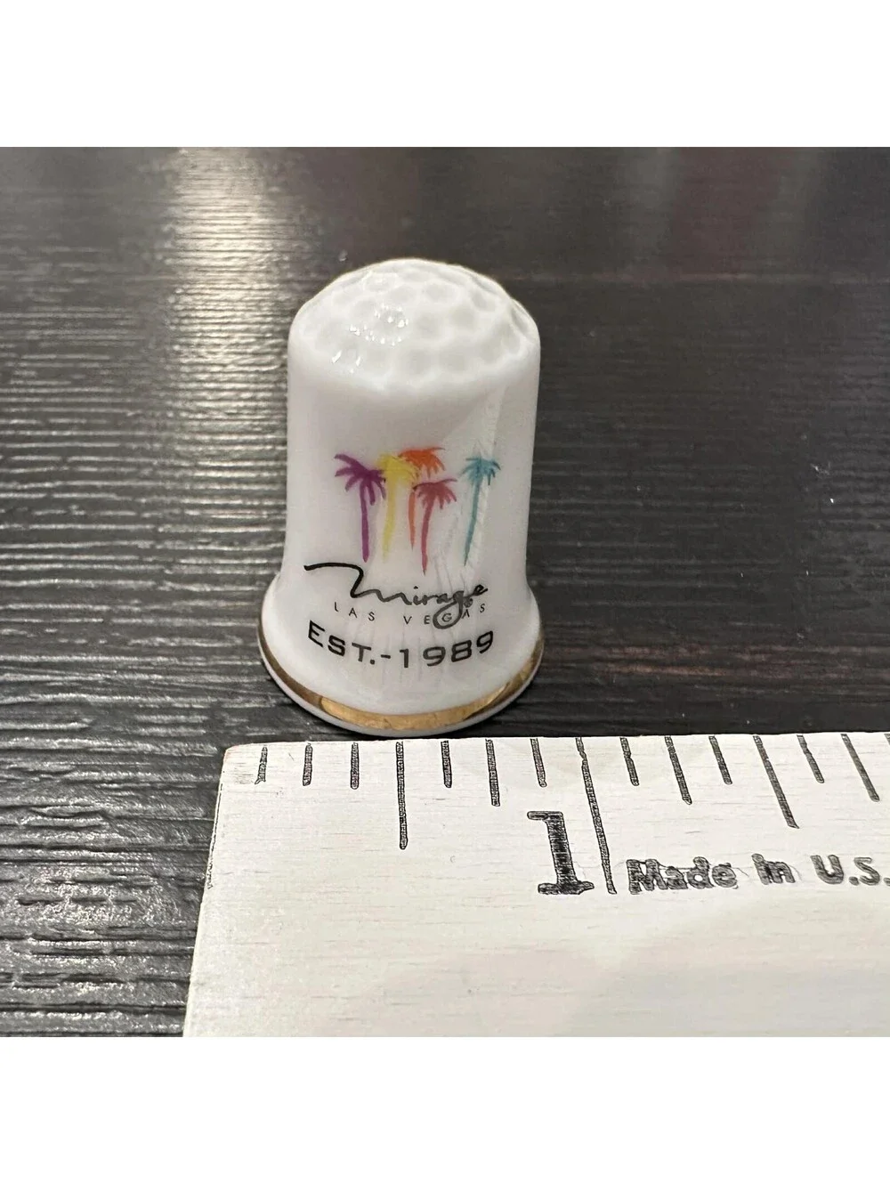 Vintage Mirage Las Vegas Est 1989 Palm Trees Souvenir Thimble Gold Trim EUC